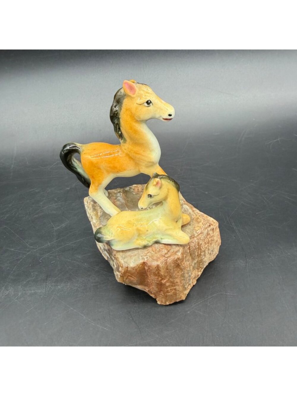 Horse Figurine On Stone Base Mother Foal Western Rustic Farmhouse Decor Vintage
